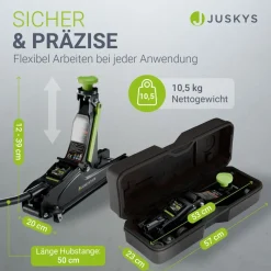 Juskys Wagenheber 2,5 t – Schwarz/Grün, hydraulisch, stabil mit Transportbox, Rangierwagenheber