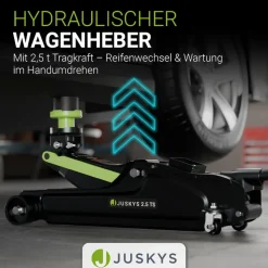 Juskys Wagenheber 2,5 t – Schwarz/Grün, hydraulisch, stabil mit Transportbox, Rangierwagenheber