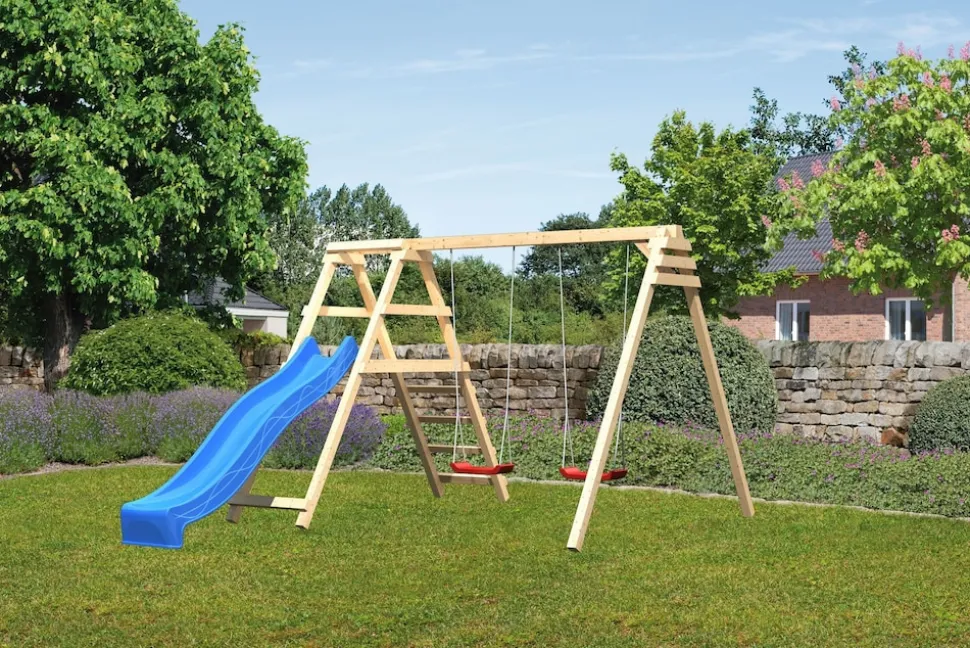 Karibu Doppelschaukel Felix mit Klettergerüst und Rutsche blau