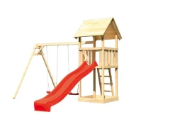 Karibu Spielturm Lotti Satteldach mit Rutsche rot und Doppelschaukel