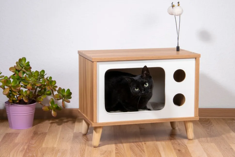 Katzenhöhle TV-Design mit Spielbällen, Jute-Fläche & Plüschkissen
