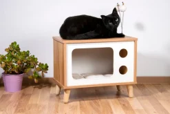 Katzenhöhle TV-Design mit Spielbällen, Jute-Fläche & Plüschkissen