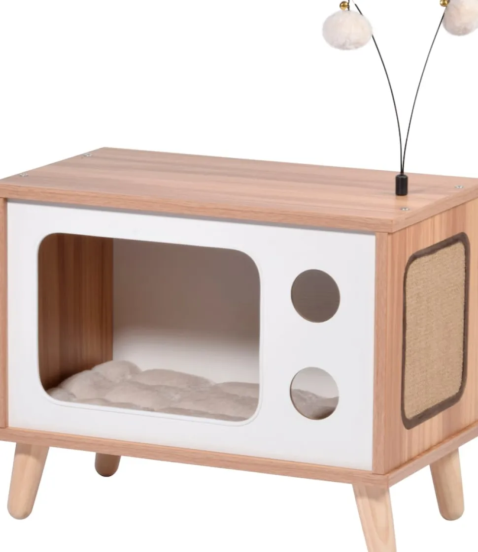 Katzenhöhle TV-Design mit Spielbällen, Jute-Fläche & Plüschkissen