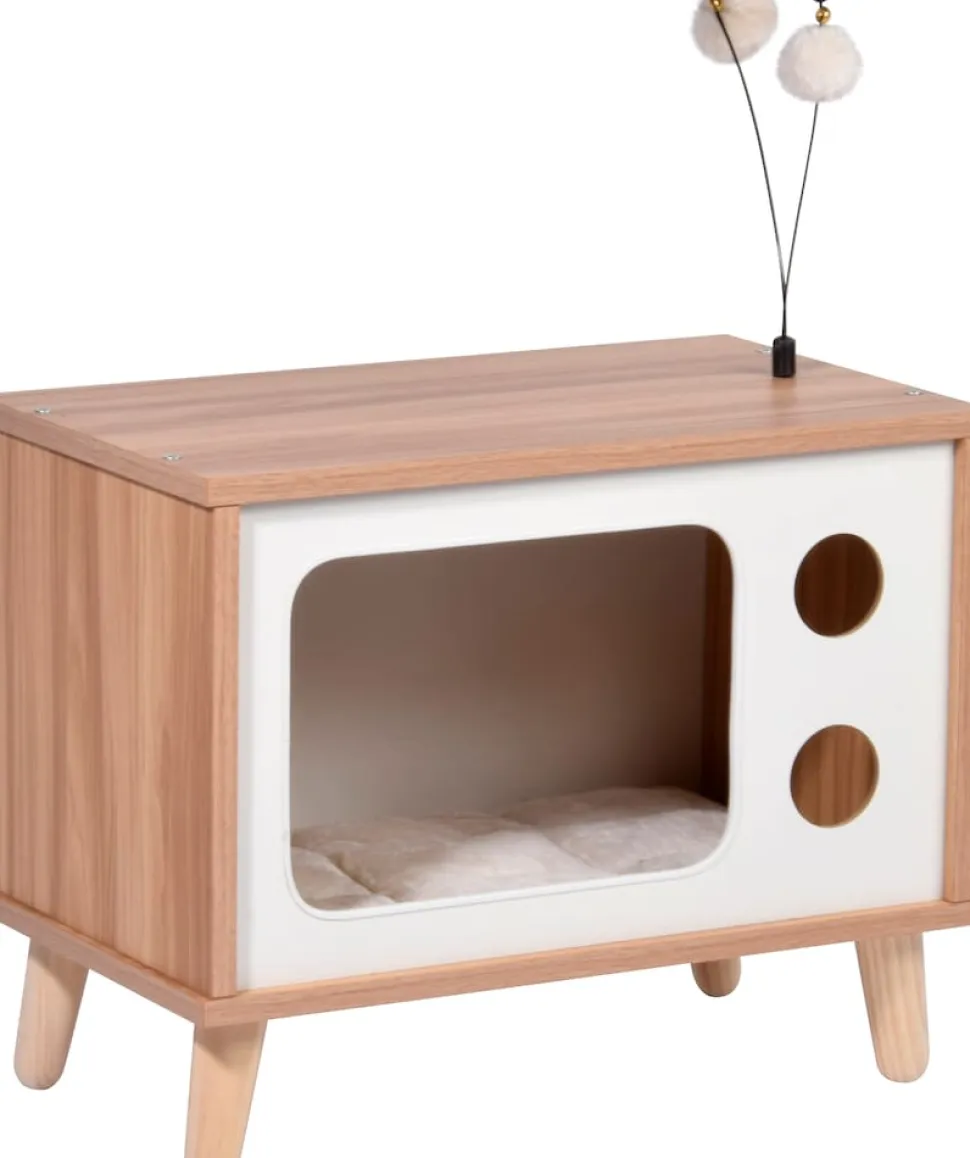 Katzenhöhle TV-Design mit Spielbällen, Jute-Fläche & Plüschkissen