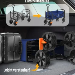 KESSER® Bollerwagen faltbar Handwagen Transportkarre max. 150kg Tragkraft & 360° PVC-Reifen Gerätewagen inkl. 2 Netztaschen, Seitentasche & Abdeckung Transportwagen Gartenanhänger ohne Dach