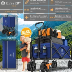 KESSER® Bollerwagen faltbar Handwagen Transportkarre max. 150kg Tragkraft & 360° PVC-Reifen Gerätewagen inkl. 2 Netztaschen, Seitentasche & Abdeckung Transportwagen Gartenanhänger ohne Dach
