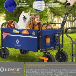 KESSER® Bollerwagen faltbar Handwagen Transportkarre max. 150kg Tragkraft & 360° PVC-Reifen Gerätewagen inkl. 2 Netztaschen, Seitentasche & Abdeckung Transportwagen Gartenanhänger ohne Dach