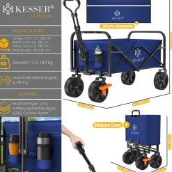 KESSER® Bollerwagen faltbar Handwagen Transportkarre max. 150kg Tragkraft & 360° PVC-Reifen Gerätewagen inkl. 2 Netztaschen, Seitentasche & Abdeckung Transportwagen Gartenanhänger ohne Dach