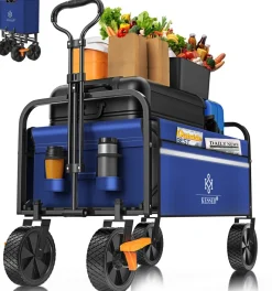 KESSER® Bollerwagen faltbar Handwagen Transportkarre max. 150kg Tragkraft & 360° PVC-Reifen Gerätewagen inkl. 2 Netztaschen, Seitentasche & Abdeckung Transportwagen Gartenanhänger ohne Dach