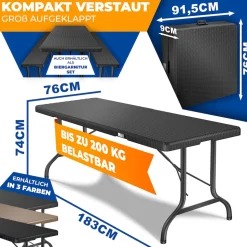 KESSER® Buffettisch Tisch klappbar Kunststoff 183x76 cm Rattan Optik Campingtisch Partytisch Klapptisch Gartentisch für Garten Terrasse und Balkon zusammenklappbar 6 Personen ink. Tragegriff