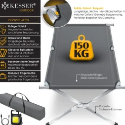 KESSER® Campingbett Klappbett Inkl.Tragetasche und Seitentasche Stabiles Feldbett 150 kg Belastbar Metallrohr 600D Oxfordgewebe Tragbar Liege Reise Bequem
