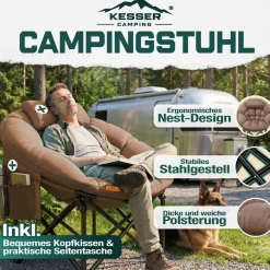 KESSER® Campingstuhl Chillexer faltbar 150 Kg Klappstuhl ultraleicht und breit, dickes Polster mit bequemen Kissen und Seitentasche, Cover, Outdoor + Indoor - rund, Camping, Angeln, Festival, Strand