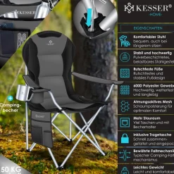 KESSER® Campingstuhl faltbar bis 150 kg Angelstuhl Faltstuhl Klappstuhl Gepolstert mit Armlehnen, Getränkehalter + Tasche mit hoher Rückenlehne, Strandstuhl, Klapphocker