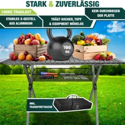 KESSER® Campingtisch faltbar Klapptisch mit Aluminiumrahmen Aufrollbare Tischplatte Falttisch klappbar 145x70x70cm bis 100kg inkl. Tragetasche mit Trageband & Netztasche