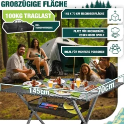 KESSER® Campingtisch faltbar Klapptisch mit Aluminiumrahmen Aufrollbare Tischplatte Falttisch klappbar 145x70x70cm bis 100kg inkl. Tragetasche mit Trageband & Netztasche