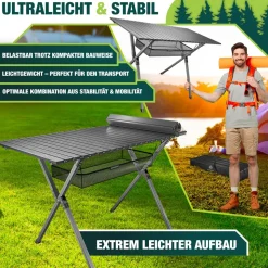 KESSER® Campingtisch faltbar Klapptisch mit Aluminiumrahmen Aufrollbare Tischplatte Falttisch klappbar 145x70x70cm bis 100kg inkl. Tragetasche mit Trageband & Netztasche