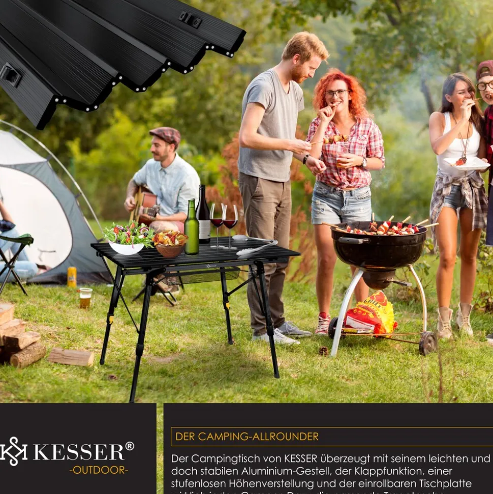 KESSER® Campingtisch faltbar Klapptisch mit Aluminiumrahmen Aufrollbare Tischplatte Falttisch klappbar höhenverstellbar inkl. Tragetasche mit Trageband & Netztasche