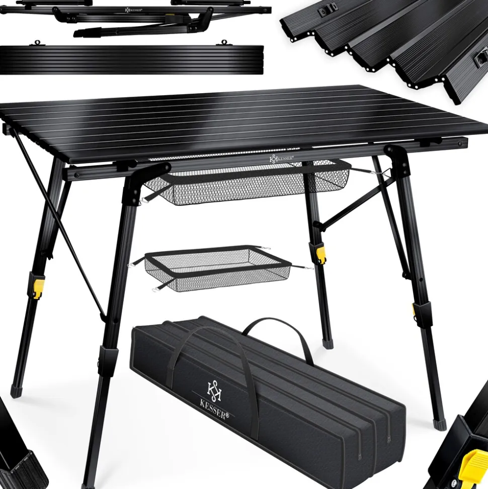 KESSER® Campingtisch faltbar Klapptisch mit Aluminiumrahmen Aufrollbare Tischplatte Falttisch klappbar höhenverstellbar inkl. Tragetasche mit Trageband & Netztasche