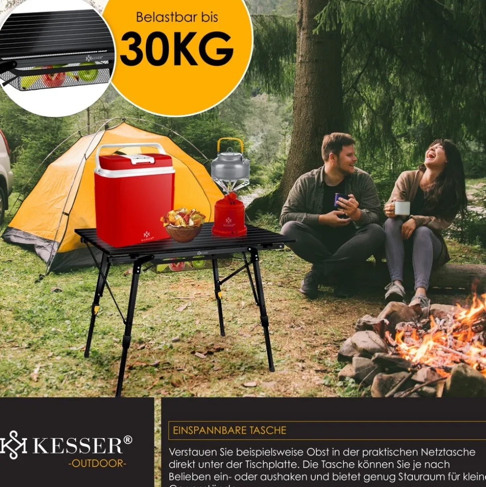 KESSER® Campingtisch faltbar Klapptisch mit Aluminiumrahmen Aufrollbare Tischplatte Falttisch klappbar höhenverstellbar inkl. Tragetasche mit Trageband & Netztasche