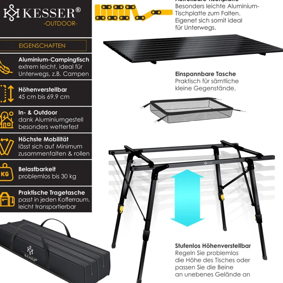 KESSER® Campingtisch faltbar Klapptisch mit Aluminiumrahmen Aufrollbare Tischplatte Falttisch klappbar höhenverstellbar inkl. Tragetasche mit Trageband & Netztasche