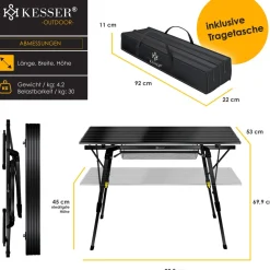 KESSER® Campingtisch faltbar Klapptisch mit Aluminiumrahmen Aufrollbare Tischplatte Falttisch klappbar höhenverstellbar inkl. Tragetasche mit Trageband & Netztasche