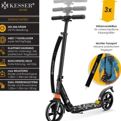KESSER® Cityroller Scooter 205mm Räder PU Big Wheel - Pro-S Tretroller mit Doppel Federung, City-Roller Scooter klappbar und Höhenverstellbar, Roller Kickscooter für Erwachsene und Kinder