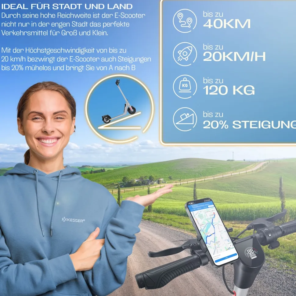 KESSER® E-Scooter mit Straßenzulassung 40km Reichweite Faltbarer Elektro 36V / 10 Ah Batterie Roller Belastung bis 120kg 450W Motor 10" Reifen LCD-Display und universelle Smartphonehalterung