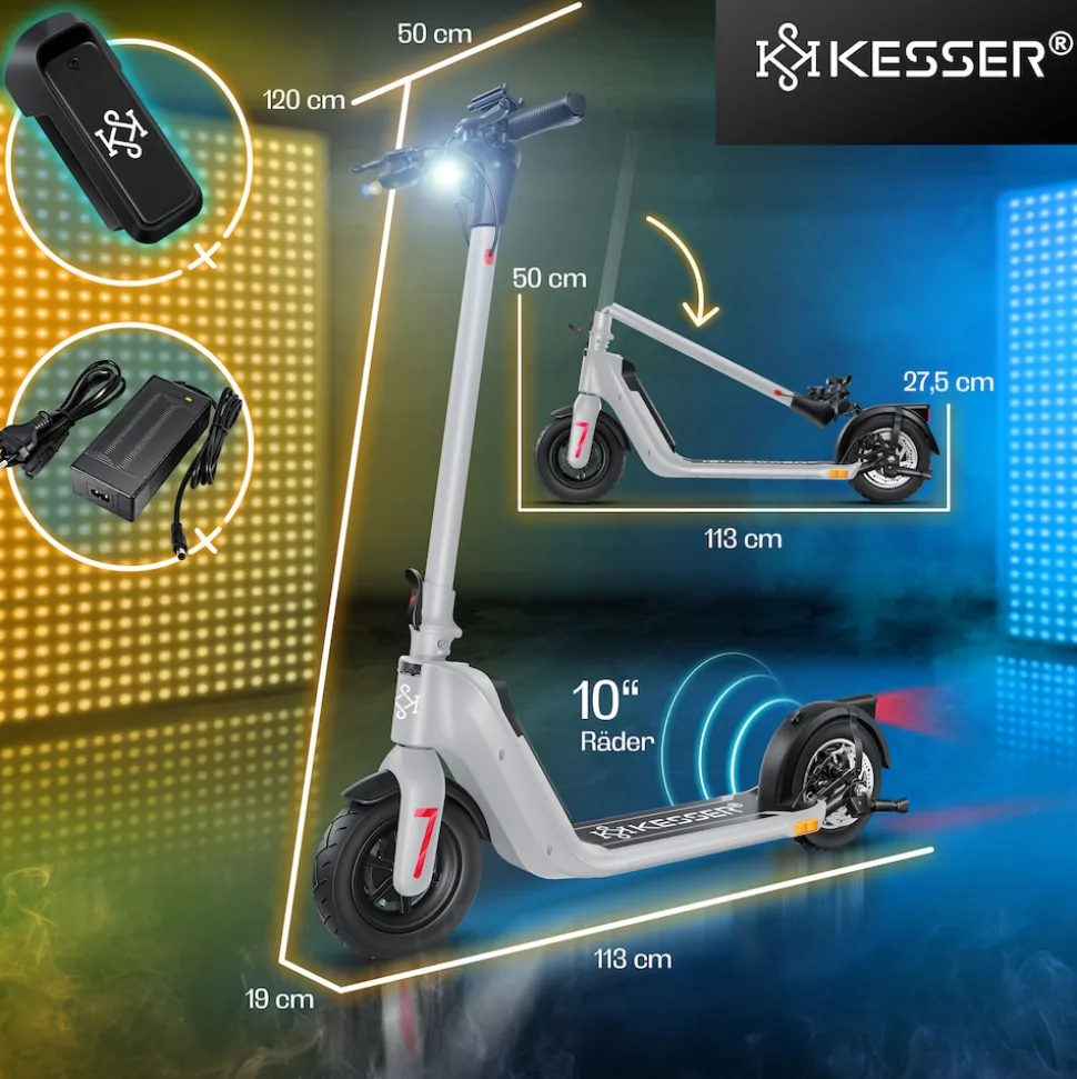 KESSER® E-Scooter mit Straßenzulassung 40km Reichweite Faltbarer Elektro 36V / 10 Ah Batterie Roller Belastung bis 120kg 450W Motor 10" Reifen LCD-Display und universelle Smartphonehalterung