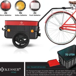 KESSER® Fahrradanhänger Lastenanhänger Handwagen mit Kupplung Hochdeichsel für Fahrrad Transportanhänger Transportbox mit 70 Liter Volumen Max. 60kg für Fahrräder mit 26'' - 28''