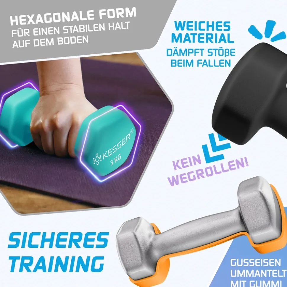 KESSER® Hantel-Set, 3 Paar, 1kg - 5kg, 12kg oder 18kg kurzhanteln mit Ständer Aufbewahrung, Fitnessstudio, Krafttraining, Hantelset rutschfeste Neopren, Mit Übungsheft, 2x Fitnessbänder