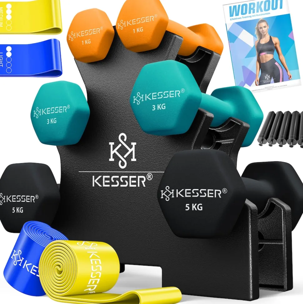 KESSER® Hantel-Set, 3 Paar, 1kg - 5kg, 12kg oder 18kg kurzhanteln mit Ständer Aufbewahrung, Fitnessstudio, Krafttraining, Hantelset rutschfeste Neopren, Mit Übungsheft, 2x Fitnessbänder