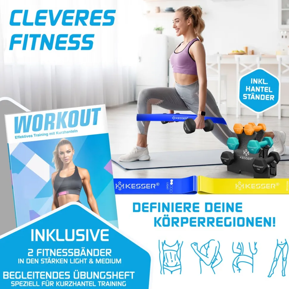 KESSER® Hantel-Set, 3 Paar, 1kg - 5kg, 12kg oder 18kg kurzhanteln mit Ständer Aufbewahrung, Fitnessstudio, Krafttraining, Hantelset rutschfeste Neopren, Mit Übungsheft, 2x Fitnessbänder