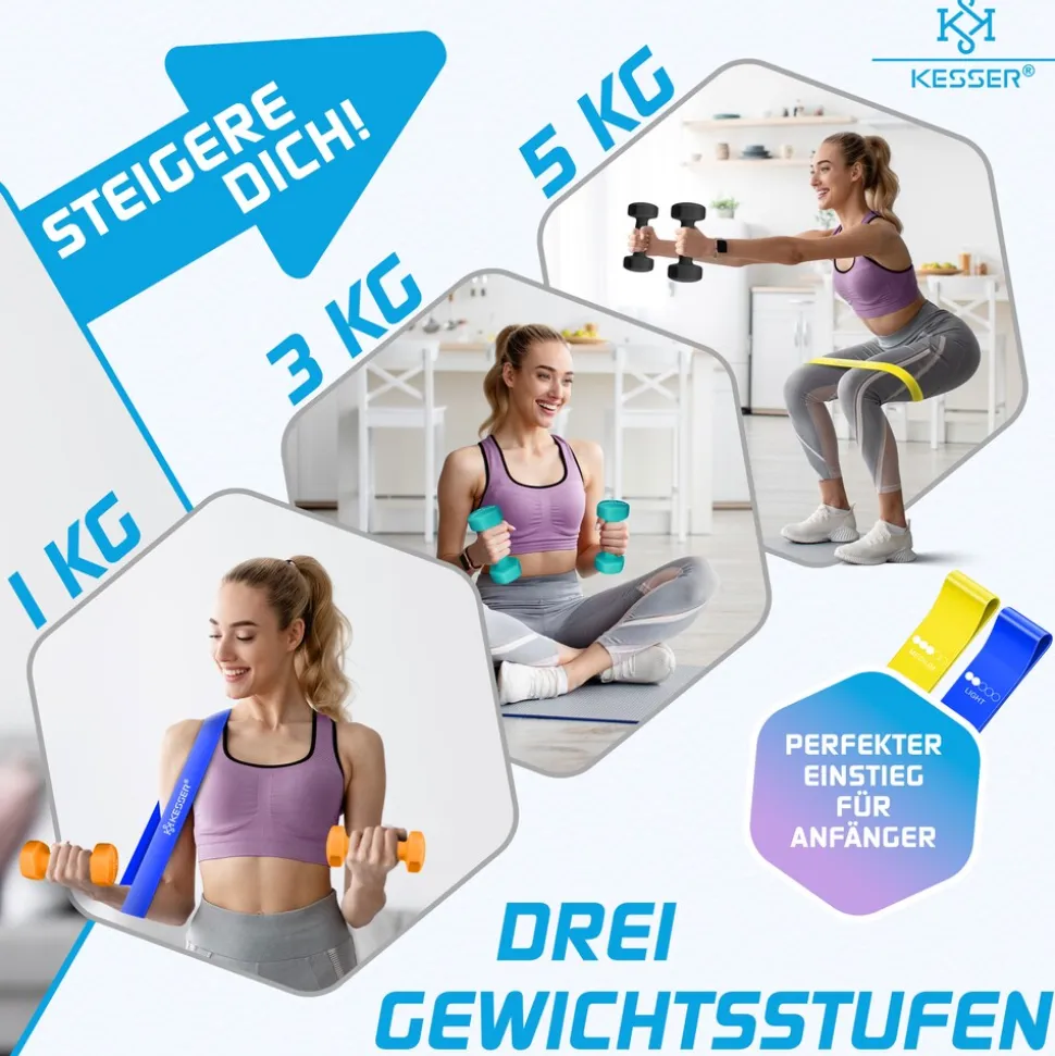 KESSER® Hantel-Set, 3 Paar, 1kg - 5kg, 12kg oder 18kg kurzhanteln mit Ständer Aufbewahrung, Fitnessstudio, Krafttraining, Hantelset rutschfeste Neopren, Mit Übungsheft, 2x Fitnessbänder