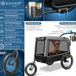 KESSER® Hundeanhänger Boxer 3-in-1 Hundebuggy & Jogger Fahrradanhänger groß ca. 240 Liter Volumen, gefedert, 360° Grad Vorderrad, 600D Oxford Canvas, SmartSpace Concept, maximale Belastbarkeit: 40 kg