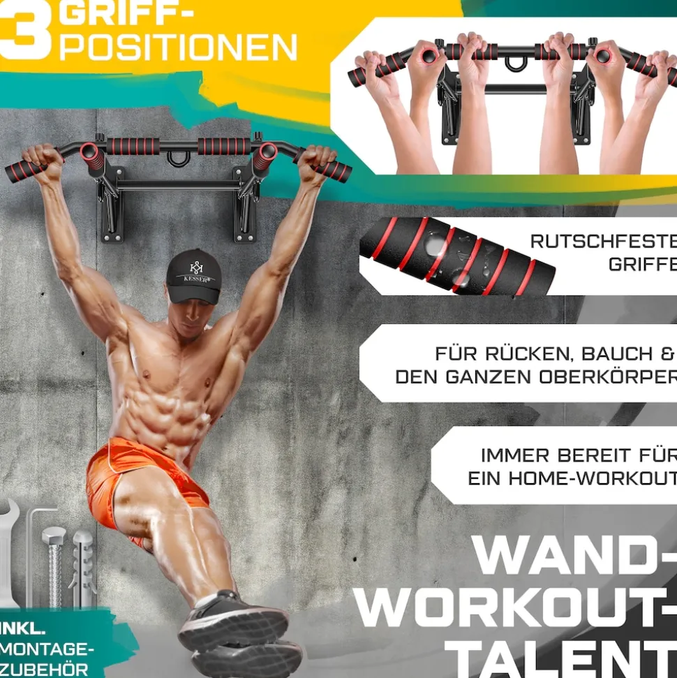 KESSER® 4in1 Klimmzugstange zur Wandmontage rutschfesten Griffen zusätzliche Funktion für Seile Ringe und Boxsäcke mit verschiedenen Griffpositionen | sicher & stabil | Pull Up Bar für zuhause