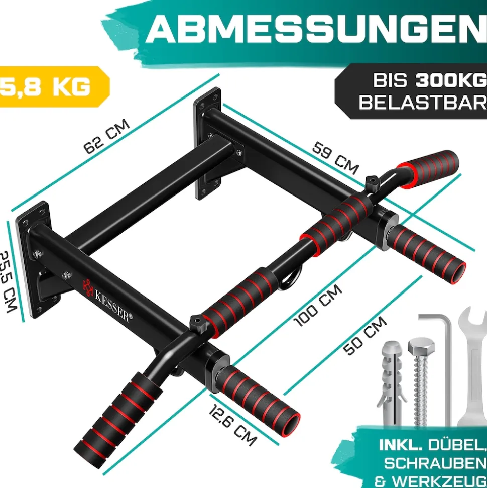 KESSER® 4in1 Klimmzugstange zur Wandmontage rutschfesten Griffen zusätzliche Funktion für Seile Ringe und Boxsäcke mit verschiedenen Griffpositionen | sicher & stabil | Pull Up Bar für zuhause