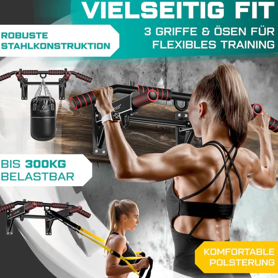 KESSER® 4in1 Klimmzugstange zur Wandmontage rutschfesten Griffen zusätzliche Funktion für Seile Ringe und Boxsäcke mit verschiedenen Griffpositionen | sicher & stabil | Pull Up Bar für zuhause