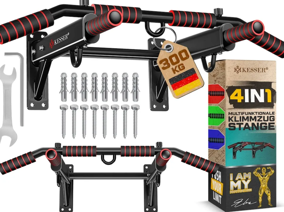 KESSER® 4in1 Klimmzugstange zur Wandmontage rutschfesten Griffen zusätzliche Funktion für Seile Ringe und Boxsäcke mit verschiedenen Griffpositionen | sicher & stabil | Pull Up Bar für zuhause