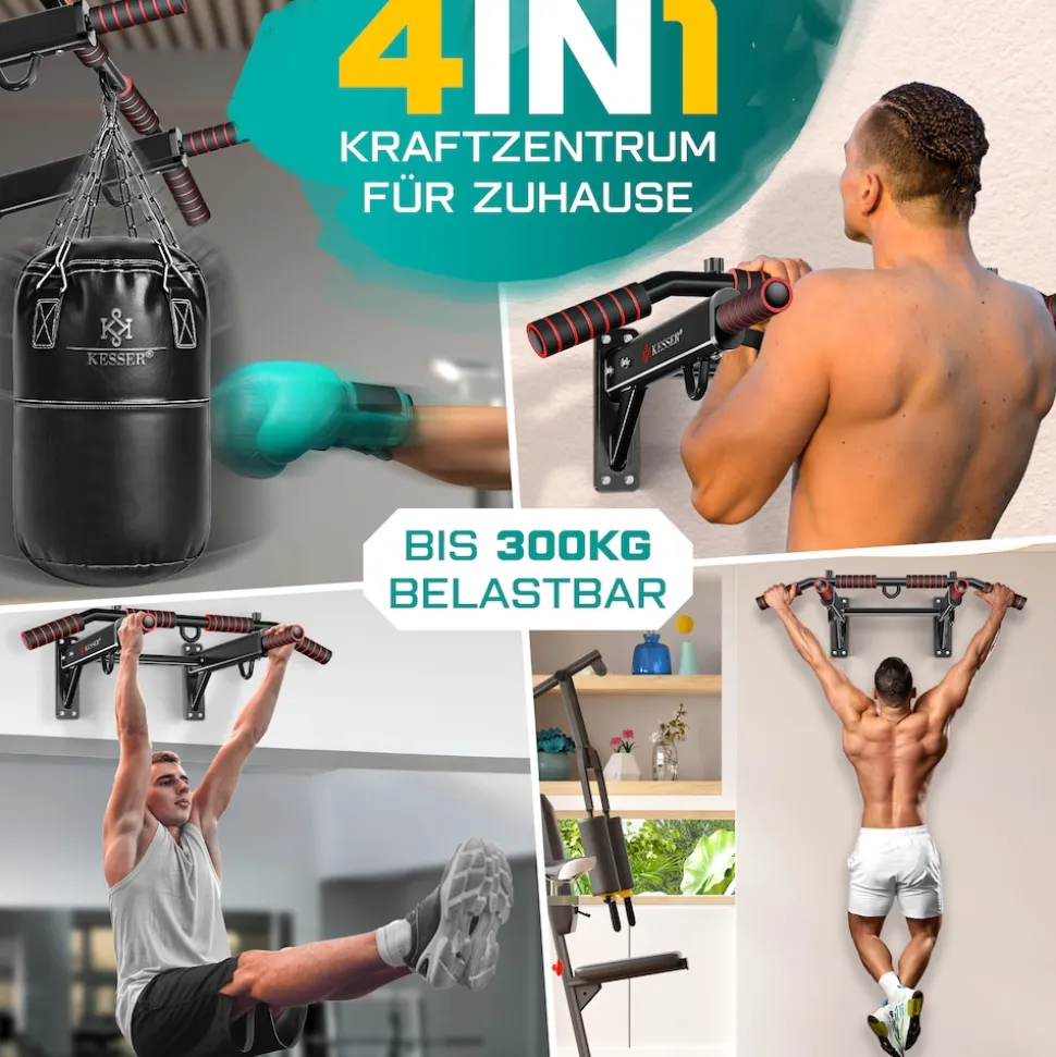KESSER® 4in1 Klimmzugstange zur Wandmontage rutschfesten Griffen zusätzliche Funktion für Seile Ringe und Boxsäcke mit verschiedenen Griffpositionen | sicher & stabil | Pull Up Bar für zuhause