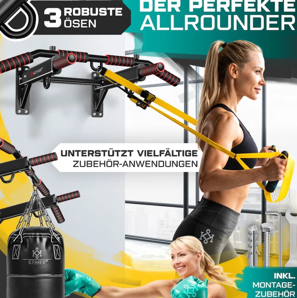 KESSER® 4in1 Klimmzugstange zur Wandmontage rutschfesten Griffen zusätzliche Funktion für Seile Ringe und Boxsäcke mit verschiedenen Griffpositionen | sicher & stabil | Pull Up Bar für zuhause