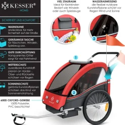 KESSER® Kinderanhänger Fahrradanhänger Sport-RX 2 in 1 Joggerfunktion Kinderfahrradanhänger + 5-Punkt Sicherheitsgurt 360°-Vorderrad Jogger Buggy Fahrrad Anhänger für 1 bis 2 Kinder max. 40kg