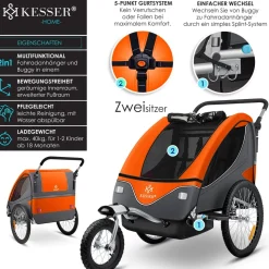 KESSER® Kinderanhänger Fahrradanhänger 360° Drehbar mit Federung 2in1 Joggerfunktion Kinderfahrradanhänger + 5-Punkt Gurt Jogger Fahrrad Anhänger für 1 bis 2 Kinder max. 40kg