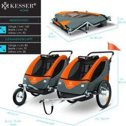 KESSER® Kinderanhänger Fahrradanhänger 360° Drehbar mit Federung 2in1 Joggerfunktion Kinderfahrradanhänger + 5-Punkt Gurt Jogger Fahrrad Anhänger für 1 bis 2 Kinder max. 40kg