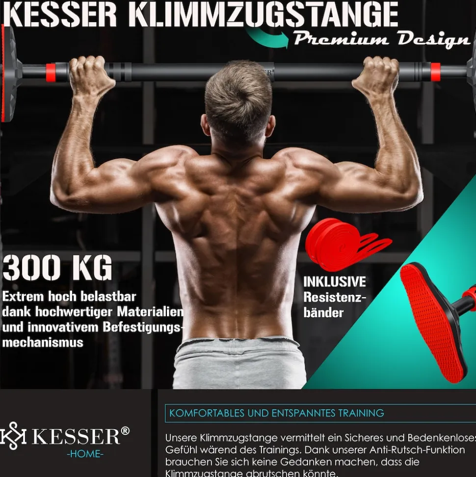 KESSER® Klimmzugstange Türrahmen verstellbar, Pull Up Bar Heimturnhalle, Reckstange ohne Schrauben/Bohren, 68-106 cm Ausziehbar, Tragfähigkeit bis zu 300Kg & rutschfeste Griffe, inkl. Resistenzbänder