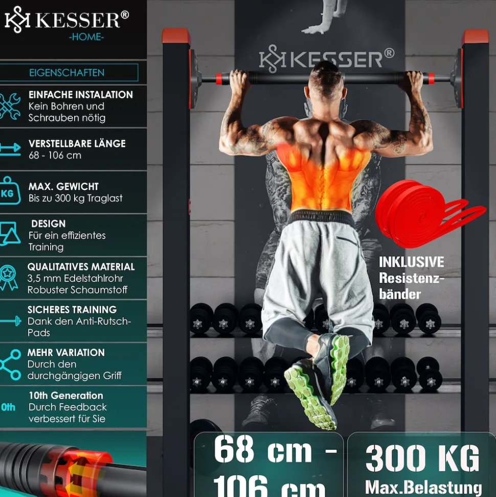 KESSER® Klimmzugstange Türrahmen verstellbar, Pull Up Bar Heimturnhalle, Reckstange ohne Schrauben/Bohren, 68-106 cm Ausziehbar, Tragfähigkeit bis zu 300Kg & rutschfeste Griffe, inkl. Resistenzbänder