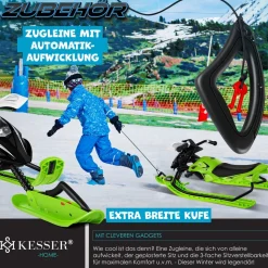 KESSER® Lenkschlitten mit 2 Fußbremsen | Automatisches Zugseil | Federung | Kufenlenkung | Bob Kinderschlitten Rodel Schlitten | Skiboblenkschlitten |