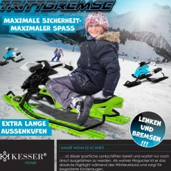 KESSER® Lenkschlitten mit 2 Fußbremsen | Automatisches Zugseil | Federung | Kufenlenkung | Bob Kinderschlitten Rodel Schlitten | Skiboblenkschlitten |