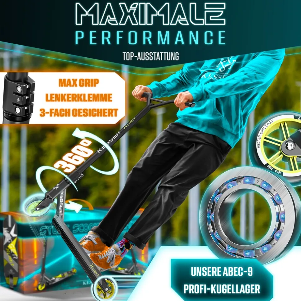 KESSER® Scooter Funscooter Stuntscooter X-Limit - 360° Lenkung mit ABEC 9 Kugellagern 100 mm PU Räder Robuster Kickscooter Tretroller Cityroller Trick Roller für Kinder Erwachsene