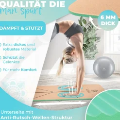 KESSER® Yogamatte Kork Inkl. Tragegurt Tasche & Yoga-Block Gymnastikmatte Yoga Matte rutschfest aus Naturkautschuk TPE Fitnessmatte, 183 x 62 Trainingsmatte für Fitness Sportmatte, Gymnastik extradick
