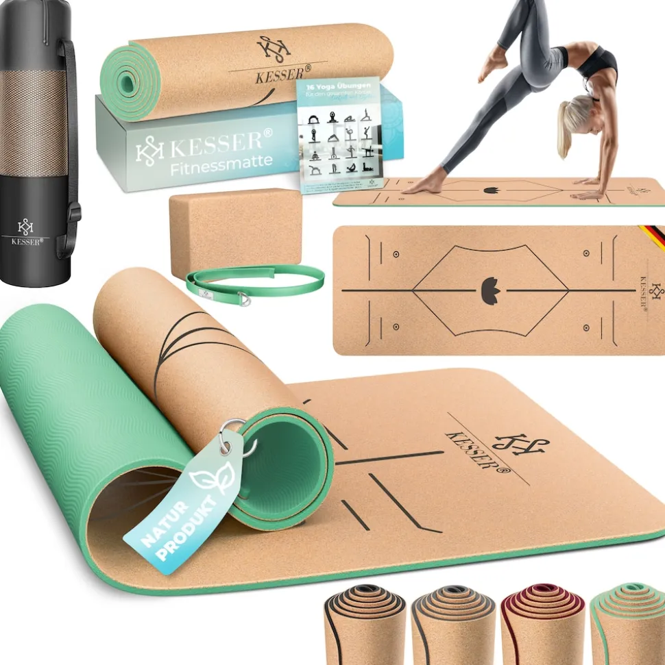 KESSER® Yogamatte Kork Inkl. Tragegurt Tasche & Yoga-Block Gymnastikmatte Yoga Matte rutschfest aus Naturkautschuk TPE Fitnessmatte, 183 x 62 Trainingsmatte für Fitness Sportmatte, Gymnastik extradick